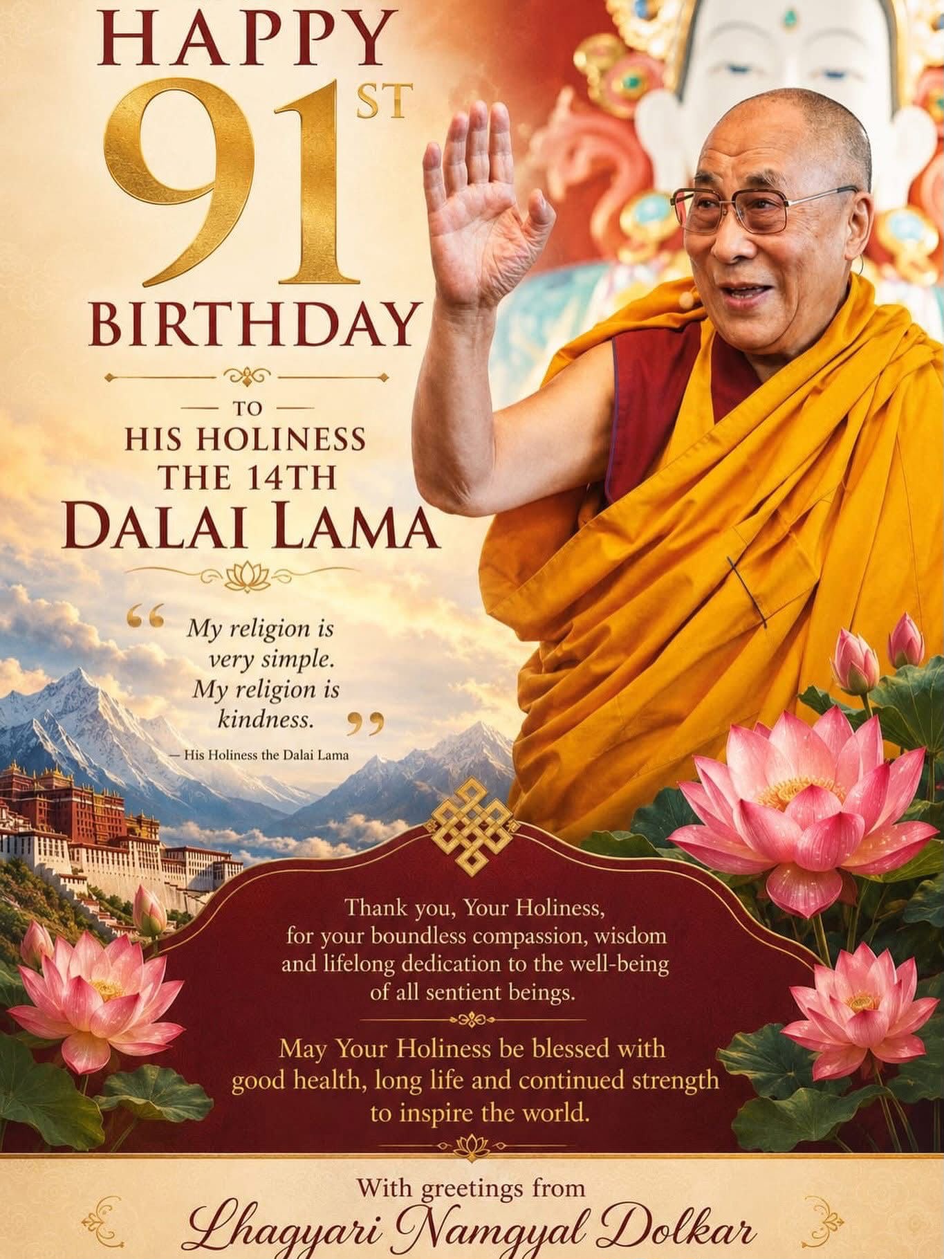 Happy 91st Birthday Grußkarte für den Dalai Lama Grußkarte zum 91. Geburtstag des 14. Dalai Lama mit dem Zitat „My religion is kindness“ vor dem Potala-Palast in Lhasa